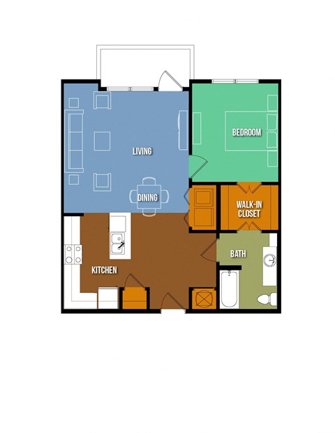 Floor plan for 1 bed, 1 bath, 834 sqft